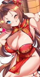Rule 34 | 1girl, absurdres, alternate costume, animal ears, armpits, blue eyes, blush, breasts, brown hair, china dress, chinese clothes, cleavage, cleavage cutout, closed mouth, clothing cutout, collarbone, commentary request, dress, food, forehead, hair ornament, high heels, highres, horse ears, horse tail, kawakami princess (umamusume), large breasts, licking lips, long hair, maou (maoudaisukiya), one eye closed, simple background, solo, tail, thighhighs, tongue, tongue out, umamusume, white background