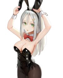 Rule 34 | 1girl, animal ears, arms up, black leotard, black pantyhose, bow, bowtie, breasts, cleavage, commentary request, cowboy shot, detached collar, fake animal ears, green eyes, hair ornament, hairband, hairclip, highres, leotard, long hair, medium breasts, original, pantyhose, playboy bunny, rabbit ears, rabbit tail, red bow, red bowtie, silver hair, simple background, solo, strapless, strapless leotard, sunga2usagi, tail, white background, wrist cuffs