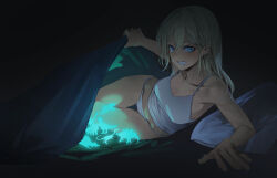 Rule 34 | 1girl, bed, bed invitation, blanket, blue eyes, camisole, commentary, glow-in-the-dark, grin, highres, lifting covers, long hair, looking at viewer, night, original, panties, pillow, rff (3 percent), smile, solo, thigh gap, thighs, toy dinosaur, under covers, underwear, white camisole, white hair, white panties