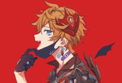 Rule 34 | 1boy, bandaid, bandaid on neck, black gloves, black mask, blue eyes, earrings, fangs, genshin impact, gloves, highres, jacket, jewelry, male focus, mask, mask on head, mask pull, mouth mask, open mouth, orange hair, parody, profile, red background, red scarf, ring, scarf, simple background, single earring, solo, tartaglia (genshin impact), upper body, usu32, vampire (vocaloid), vocaloid