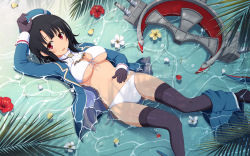 Rule 34 | 1girl, absurdres, arm up, ascot, beach, bikini, black gloves, black hair, black thighhighs, blush, breasts, cannon, cleavage, day, flower, flower on water, front-tie bikini top, front-tie top, gloves, hand on own stomach, hat, hibiscus, highres, ishida seito, jacket, kantai collection, large breasts, looking at viewer, lying, machinery, navel, on back, open clothes, open jacket, outdoors, palm leaf, partially submerged, petals, red eyes, resized, rigging, ripples, sand, short hair, side-tie bikini bottom, skirt, skirt around one leg, smile, solo, stomach, swimsuit, takao (kancolle), thighhighs, turret, underboob, upscaled, water, white bikini