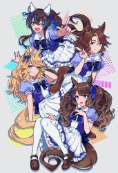 Rule 34 | 4girls, :d, ;d, animal ears, aqua eyes, arm up, back bow, blonde hair, blue bow, blue bowtie, blue eyes, blue hair, blue sash, blush, bow, bowtie, breasts, brown footwear, brown hair, buckle, commentary, daitaku helios (umamusume), ear tag, earrings, fang, fingernails, floating, frilled skirt, frills, full body, gold city (umamusume), grey background, grin, hand in own hair, hand on own chest, highres, horse ears, horse girl, horse tail, jewelry, large breasts, lips, loafers, long hair, looking at viewer, m/, medium breasts, mejiro palmer (umamusume), multicolored hair, multiple girls, one eye closed, open mouth, pleated skirt, sash, school uniform, shoes, short hair, short sleeves, skin fang, skirt, smile, streaked hair, stud earrings, suzikoooo73, tail, thighhighs, tosen jordan (umamusume), tracen school uniform, trait connection, two side up, umamusume, wavy hair, white skirt, white thighhighs