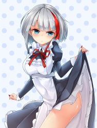 Rule 34 | 1girl, admiral graf spee (azur lane), alternate costume, apron, ass, azur lane, blue eyes, blunt bangs, blush, breasts, closed mouth, clothes lift, dress, dress lift, enmaided, frills, half-closed eyes, highres, long sleeves, looking at viewer, maid, multicolored hair, nail polish, osisio, red hair, red nails, shiny skin, short hair, sidelocks, silver hair, small breasts, solo, streaked hair, thighs