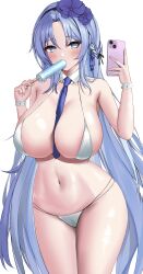 Rule 34 | 1girl, absurdres, alsace (azur lane), alsace (heat beating summer sacrament) (azur lane), azur lane, bare arms, bare shoulders, between breasts, bikini, blue eyes, blue hair, blue necktie, blush, braid, breasts, detached collar, eating, flower, food, food in mouth, hair flower, hair ornament, highres, holding, holding food, holding phone, holding popsicle, huge breasts, long hair, navel, necktie, necktie between breasts, official alternate costume, phone, popsicle, popsicle in mouth, revision, simple background, standing, string bikini, swimsuit, thighs, white background, white bikini, wynnblue