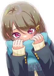 Rule 34 | 1girl, absurdres, artist name, artist request, black jacket, blue scarf, blush, bow, bowtie, breasts, brown hair, buttons, cardigan, close-up, collared shirt, crescent, crescent hair ornament, female focus, grey hair, hair ornament, highres, holding, holding clothes, holding scarf, jacket, light brown hair, long sleeves, looking at viewer, love live!, love live! nijigasaki high school idol club, nail, nail polish, nakasu kasumi, neck ribbon, nijigasaki academy school uniform, parted lips, pink eyes, purple eyes, ribbon, scarf, school uniform, shirt, short hair, smile, solo, star (symbol), star hair ornament, sweater, sweater vest, upper body, vest, white background, white shirt, yellow bow, yellow cardigan, yellow nail polish, yellow nails, yellow ribbon, yellow sweater