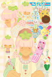 Rule 34 | 1girl, bbeebles, blush, buttons, cellphone, character request, charm (object), chibi, chibi inset, chibimaru-chan, closed eyes, commentary, copyright name, dark-skinned female, dark skin, english commentary, flip phone, food, food-themed hair, fruit, hamtaro (series), heart, heisei retro, hello kitty, hello kitty (character), highres, holding, holding pen, low twintails, masking tape, melon soda, multiple views, original, pen, phone, pink hair, sanrio, short hair, smile, strawberry, tan, twintails, usahana, yellow eyes, yume kawaii