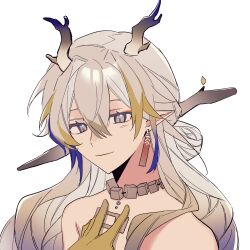 Rule 34 | 1girl, absurdres, arknights, bare shoulders, blonde hair, blue hair, branch, closed mouth, colored skin, dragon girl, dragon horns, earrings, eyeliner, fa tan (myfatan), grey eyes, grey hair, hair between eyes, hair intakes, hair ornament, hair stick, hand on own chest, highres, horns, jewelry, long hair, makeup, multicolored hair, necklace, pointy ears, portrait, red eyeliner, red pupils, shu (arknights), sidelocks, simple background, smile, solo, streaked hair, tassel, tassel earrings, white background