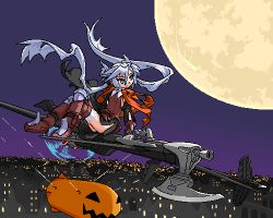 Rule 34 | 1girl, flying, full moon, lowres, mof, mof&#039;s silver haired twintailed girl, moon, oekaki, original, solo, thighhighs