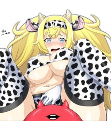 Rule 34 | 1girl, 1other, abyssal ship, alternate costume, animal ears, animal print, bikini, blonde hair, blue eyes, breasts, censored, commentary, cow ears, cow horns, cow print, enemy lifebuoy (kancolle), english commentary, fake animal ears, fake horns, gambier bay (kancolle), gloves, hairband, highres, horns, kantai collection, large breasts, navel, novelty censor, print bikini, print legwear, swimsuit, thighhighs, tk8d32, twintails, white bikini, white gloves, white thighhighs