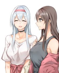Rule 34 | 2girls, akagi (kancolle), alternate costume, batacchi (mashimashi butter), black choker, black shirt, blouse, breasts, brown eyes, brown hair, casual, choker, facing viewer, from side, hairband, highres, jacket, jewelry, kantai collection, large breasts, long hair, looking to the side, multiple girls, necklace, off-shoulder jacket, off shoulder, red hairband, red jacket, red skirt, shirt, shoukaku (kancolle), silver hair, simple background, skirt, sleeveless, sleeveless shirt, straight hair, white background, white shirt