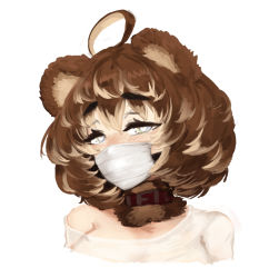 Rule 34 | 1girl, ahoge, animal ears, barb-tan, barbariank, bear ears, belt collar, blonde hair, blush, brown hair, collar, commentary, english commentary, grey eyes, hair between eyes, heart, heart-shaped pupils, looking at viewer, mask, mouth mask, multicolored hair, off shoulder, original, portrait, shirt, short hair, simple background, solo, surgical mask, symbol-shaped pupils, two-tone hair, white background, white shirt