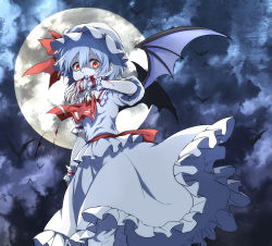 Rule 34 | 1girl, absurdres, ascot, bat (animal), bat wings, blood, blood on clothes, blood on hands, brooch, commentary request, dark background, flat chest, frilled shirt, frilled skirt, frills, full moon, hair between eyes, hat, highres, jewelry, looking at viewer, mob cap, moon, night, puffy short sleeves, puffy sleeves, purple hair, red ascot, red eyes, remilia scarlet, shaded face, shimoda masaya, shirt, short hair, short sleeves, skirt, solo, touhou, white hat, white shirt, white skirt, wings, wrist cuffs