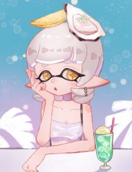 Rule 34 | 1girl, :o, arm rest, bare arms, bare shoulders, blunt bangs, breasts, cleavage, collarbone, cross-shaped pupils, earrings, food, food on head, fruit, gradient background, hand on own face, hand up, highres, inkling, jewelry, lemon, lemon slice, long hair, marie (splatoon), medium breasts, mole, mole under eye, nintendo, object on head, official alternate costume, open mouth, orange pupils, oyster, plum0o0, pointy ears, short eyebrows, solo, splatoon (series), splatoon 3, strapless, symbol-shaped pupils, teeth, tentacle hair, tube top, upper teeth only, white tube top, yellow eyes