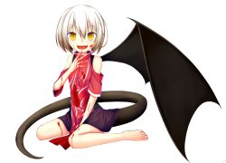 Rule 34 | :d, bare shoulders, blood, blood on face, blood on hands, commentary request, cthulhu mythos, open mouth, original, personification, shidou shiki, single wing, sitting, smile, solo, tail, white hair, wings, yellow eyes