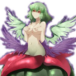 Rule 34 | 1girl, alraune, aura, black sclera, blush, breasts, colored sclera, covering privates, covering breasts, female focus, flower, green hair, groin, highres, kazami yuuka, monster girl, navel, nude, plant girl, red eyes, reon (saikyou), seihou, short hair, solo, touhou, wings