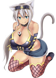 Rule 34 | 1girl, :q, animal ears, bare shoulders, between breasts, blue eyes, breast hold, breasts, cat ears, cat tail, collarbone, crossed arms, denim, denim shorts, elbow gloves, eyewear on head, fishnet thighhighs, fishnets, food, full body, gloves, green hair, huge breasts, kaiten muten-maru, kneeling, leaning forward, long hair, makizushi, shamu meruruusa, shoes, short shorts, shorts, simple background, solo, sunglasses, sushi, tail, tan, thighhighs, tongue, tongue out, zanku