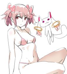 Rule 34 | 1girl, :/, arm support, bikini, blush, bow, bow (bhp), breasts, closed mouth, groin, hair bow, kaname madoka, kyubey, leaning back, light blush, looking at viewer, mahou shoujo madoka magica, mahou shoujo madoka magica (anime), navel, pink bikini, pink bow, pink hair, red eyes, ribs, simple background, sitting, sketch, skinny, small breasts, solo, swimsuit, twintails, white background