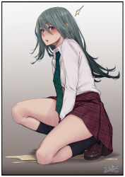 Rule 34 | 1girl, ^^^, artist name, between legs, black socks, blush, border, breasts, brown footwear, collared shirt, embarrassed, female focus, from side, full body, gradient background, green hair, green necktie, grey background, hair over one eye, hand between legs, have to pee, highres, kneehighs, kokomachi, long hair, long sleeves, looking at viewer, miniskirt, necktie, nose blush, on one knee, open mouth, original, pee, peeing, peeing self, plaid, plaid skirt, plaid tie, pleated skirt, puddle, red eyes, red skirt, school uniform, shirt, shoes, sidelocks, signature, simple background, skirt, small breasts, socks, solo, surprised, sweat, teeth, unmoving pattern, white border, white shirt