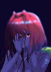 Rule 34 | 1girl, absurdres, ahoge, black background, breasts, cleavage, collarbone, glowing, glowing eye, hair intakes, hair ribbon, hands on own face, highres, kagami sumika, kamon rider, long hair, muv-luv, muv-luv alternative, one eye covered, parted lips, red hair, ribbon, solo, spoilers, yellow ribbon