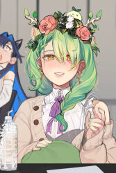 Rule 34 | 2girls, animal ears, antlers, blue hair, blunt bangs, blurry, bottle, brown cardigan, cardigan, cat ears, ceres fauna, ceres fauna (jirai kei), depth of field, detached sleeves, earrings, eus ing, flower, frills, green hair, green nails, grin, hair flower, hair intakes, hair ornament, head wreath, hime cut, hololive, hololive english, horns, jewelry, long hair, looking at viewer, mole, mole under eye, multiple girls, ouro kronii, ouro kronii (casual), purple ribbon, ribbon, shirt, sleeveless, sleeveless shirt, smile, turtleneck, virtual youtuber, water bottle, white shirt, yellow eyes