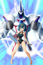 Rule 34 | 1boy, 1girl, absurdres, bare legs, bare shoulders, barefoot, blue eyes, blue hair, breasts, card, collarbone, covered navel, creatures (company), crossover, curvy, duel disk, duel monsters, elemental hero neos, full body, game freak, hair ornament, highres, lana (pokemon), large breasts, legs, lucyfer, matching hair/eyes, nintendo, one-piece swimsuit, open mouth, pokemon, pokemon sm, short hair, standing, swimsuit, teeth, tongue, upper teeth only, yu-gi-oh!
