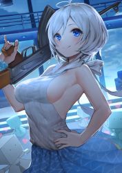 Rule 34 | .live, 1girl, ak-47, antenna hair, assault rifle, bare shoulders, blue eyes, blue skirt, blush, breasts, closed mouth, cloud, cloudy sky, commentary request, fingernails, gun, hair between eyes, hand on own hip, heart, hinako (anzu15), holding, holding gun, holding weapon, kalashnikov rifle, looking at viewer, medium breasts, outdoors, ribbed sweater, rifle, sideboob, silver hair, dennou shoujo siro, skirt, sky, smile, solo, sweater, virtual youtuber, weapon, white sweater