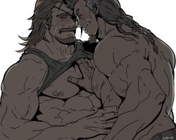 Rule 34 | 2boys, abs, artist name, bara, bare pectorals, beard, blush, closed eyes, clothes lift, eugen (granblue fantasy), facial hair, goatee, granblue fantasy, large pectorals, looking at another, male focus, mature male, medium hair, multiple boys, muscular, muscular male, nipples, pectorals, rybiok, smile, tank top, topless male, yaoi, yngwie