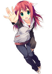 Rule 34 | 1girl, :d, arm up, collarbone, full body, gradient hair, green eyes, hand gesture, hand on own thigh, hand on thigh, hood, hoodie, kuwashima rein, leaning forward, long hair, long sleeves, multicolored hair, open \m/, open mouth, original, pants, pink hair, pure (zenryaku yome atarimashita), shoes, simple background, sleeves past wrists, smile, sneakers, solo, white background, zenryaku yome atarimashita