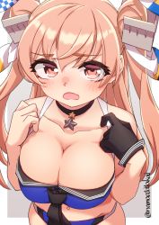 Rule 34 | 1girl, absurdres, bikini, black choker, black gloves, blue bikini, breasts, brown eyes, choker, collarbone, from above, gloves, highres, johnston (kancolle), kantai collection, large breasts, light brown hair, long hair, namaata, navel, official alternate costume, sailor bikini, sailor collar, single glove, solo, swimsuit, two side up, united states medal of honor