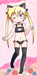 Rule 34 | 1girl, animal ears, bell, black bra, black panties, black thighhighs, blonde hair, blue eyes, bra, cat cutout, cat ear panties, cat ears, cat lingerie, choker, cleavage cutout, clothing cutout, collar, commentary request, fang, frilled bra, frills, full body, gluteal fold, groin, highres, jingle bell, jinnouchi akira, kill me baby, long hair, meme attire, navel, neck bell, no shoes, one eye closed, panties, paw pose, side-tie panties, solo, sonya (kill me baby), stomach, thighhighs, twintails, underwear