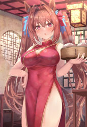 Rule 34 | 1girl, animal ears, bamboo steamer, bare shoulders, blush, breasts, brown hair, china dress, chinese clothes, cleavage, cleavage cutout, clothing cutout, covered navel, daiwa scarlet (umamusume), dim sum, dress, hair intakes, highres, horse ears, horse girl, horse tail, large breasts, long hair, looking at viewer, open mouth, pelvic curtain, red dress, red eyes, side slit, solo, tail, thighs, torottye, twintails, umamusume, very long hair