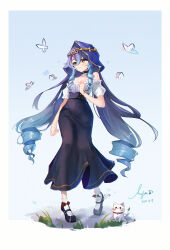 Rule 34 | 1girl, absurdres, arm at side, ayan (1593817922), bare shoulders, black choker, black footwear, blue hair, blue hood, border, bug, butterfly, buttons, cat, choker, dated, double-breasted, drill hair, frilled shirt, frills, full body, genshin impact, gradient hair, hand on own chest, highres, hood, hood up, insect, layla (genshin impact), long skirt, looking to the side, multicolored hair, off-shoulder shirt, off shoulder, purple hair, purple skirt, shirt, shoes, signature, skirt, socks, solo, twin drills, white border, white shirt, white socks, yellow eyes