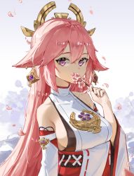 Rule 34 | 1girl, animal ears, armpit crease, bare shoulders, branch, breasts, cherry blossoms, commentary, covered mouth, detached sleeves, earrings, falling petals, floppy ears, flower, fox ears, genshin impact, hair between eyes, hair ornament, hand up, highres, holding, holding branch, holding flower, japanese clothes, jewelry, long hair, long sleeves, lycsakd, medium breasts, nontraditional miko, petals, pink hair, purple eyes, sash, shirt, sideboob, sidelocks, sleeveless, sleeveless shirt, solo, upper body, wide sleeves, yae miko