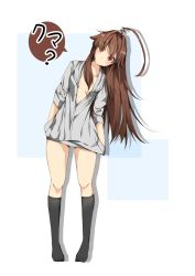 Rule 34 | :o, ahoge, black socks, breasts, brown hair, catchphrase, grey sweater, hair intakes, hands in pockets, highres, huge ahoge, kantai collection, kneehighs, kuma (kancolle), leaning to the side, long hair, looking at viewer, mitsuru (habihapi), no shoes, red eyes, simple background, small breasts, socks, solo, speech bubble, sweater