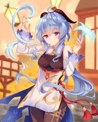 Rule 34 | 1girl, absurdres, ahoge, bare shoulders, bell, blue hair, blurry, blurry background, bodystocking, breasts, closed mouth, cowbell, cowboy shot, detached sleeves, egasumi, expressionless, ganyu (genshin impact), genshin impact, gloves, hand up, highres, horns, long hair, long sleeves, looking down, medium breasts, purple eyes, red ribbon, revision, ribbon, solo, standing, tabard, triangle, very long hair, yaya chan