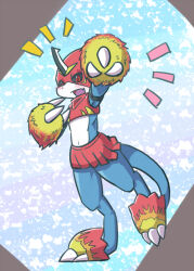 Rule 34 | blush, cheerleader, claws, digimon, digimon (creature), fladramon, horns, mask, open mouth, solo, tail