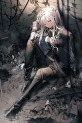 Rule 34 | 1girl, ak-12, ak-12 (girls&#039; frontline), assault rifle, bodysuit, braid, breasts, commentary, french braid, full body, girls&#039; frontline, gun, kalashnikov rifle, long hair, long sleeves, looking at viewer, medium breasts, one eye closed, pink eyes, ponytail, rifle, scenery, silence girl, silver hair, sitting, smile, solo, weapon