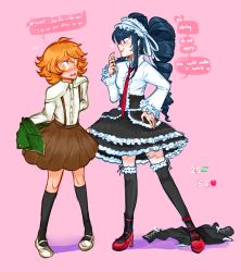 Rule 34 | 1boy, 1girl, :o, absurdres, black hair, black jacket, black ribbon, black thighhighs, blush, bonnet, brown hair, celestia ludenberg, center frills, collared shirt, commentary, crossdressing, danganronpa: trigger happy havoc, danganronpa (series), drill hair, earrings, english commentary, english text, frilled thighhighs, frills, fujisaki chihiro, full body, gothic lolita, green jacket, hair ornament, highres, jacket, unworn jacket, jewelry, layered skirt, like and retweet, lolita fashion, long hair, long sleeves, looking at another, meme, miniskirt, neck ribbon, necktie, pleated skirt, red eyes, red footwear, red necktie, ribbon, school uniform, shirt, short hair, skirt, smile, thighhighs, trap, twin drills, twinklelitchii, twintails, twitter strip game (meme), undressing, white shirt