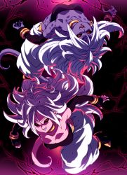 Rule 34 | 2girls, ahoge, android 21, bad id, bad twitter id, black footwear, black nails, black sclera, bracelet, colored sclera, colored skin, dragon ball, dragon ball fighterz, dragonball z, dual persona, gradient background, hair between eyes, highres, jewelry, lightning, long hair, multiple girls, nail polish, open mouth, parted lips, pink skin, pointy ears, puffy pants, purple skin, red eyes, smile, tail, tasaka shinnosuke, white hair, white legwear