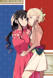 Rule 34 | 2girls, absurdres, aqua nails, black hair, blonde hair, blush, bow, chai haru, closed mouth, commentary request, cowboy shot, dress, earpiece, earrings, eye contact, hand on another&#039;s cheek, hand on another&#039;s face, hand on another&#039;s head, highres, hug, inoue takina, jewelry, long hair, looking at another, low twintails, lycoris recoil, applying manicure, multiple girls, nail polish, nishikigi chisato, official alternate costume, one side up, pleated dress, purple eyes, red dress, red eyes, red nails, short hair, short sleeves, sidelocks, smile, strapless, strapless dress, twintails, white dress, yuri