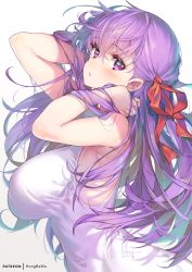 Rule 34 | 1girl, blush, breasts, dress, fate/stay night, fate (series), hair ribbon, hands in hair, hong (white spider), large breasts, long hair, looking at viewer, making-of available, matou sakura, open mouth, purple eyes, purple hair, red ribbon, ribbon, simple background, white background, white dress