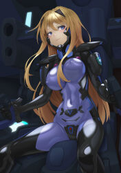 Rule 34 | 1girl, armored bodysuit, baldr sky, black bodysuit, blonde hair, blue eyes, bodysuit, breasts, cockpit, controller, covered erect nipples, covered navel, fortified suit, headgear, highres, impossible bodysuit, impossible clothes, joystick, kirishima rain, kurione (zassou), large breasts, long hair, muv-luv, muv-luv alternative, purple bodysuit, shiny clothes, sitting, skin tight, solo, two-tone bodysuit