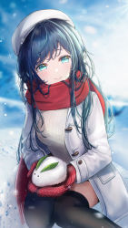 Rule 34 | 1girl, aqua eyes, aqua hair, beret, black thighhighs, blurry, blurry background, blush, breasts, gloves, hair between eyes, hat, highres, jacket, kottungyang, long hair, long sleeves, looking at viewer, medium breasts, open clothes, open jacket, original, parted lips, red gloves, red scarf, scarf, smile, snow, snowflakes, snowing, solo, squatting, sweater, thighhighs, white hat, white sweater