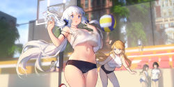 Rule 34 | 6+girls, :o, azur lane, ball, bare arms, basketball hoop, black bra, blonde hair, blue eyes, bra, bra visible through clothes, breasts, buruma, character name, character request, commentary request, crop top, day, hair ornament, hair scrunchie, hands up, highres, illustrious (azur lane), large breasts, long hair, looking at another, midriff, mole, mole under eye, multiple girls, navel, outdoors, scrunchie, see-through, shirt, signature, sleeveless, sleeveless shirt, stomach, strap slip, swd3e2, sweat, swept bangs, underboob, underwear, very long hair, victorious (azur lane), white hair, white shirt