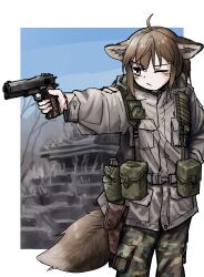 Rule 34 | 1girl, absurdres, ahoge, aiming, animal ears, fox ears, fox girl, fox girl (yihan1949), fox tail, gun, handgun, highres, holster, military uniform, one eye closed, original, ponytail, solo, standing, tail, uniform, weapon, yihan1949