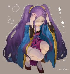 Rule 34 | 1girl, breasts, chinese clothes, closed eyes, dress, fate/grand order, fate (series), forehead, hair ornament, hair scrunchie, hands on own head, hanfu, highres, kouzuki kei, long hair, long sleeves, open mouth, parted bangs, pelvic curtain, purple dress, purple hair, scrunchie, shawl, sidelocks, small breasts, solo, squatting, thighs, translation request, trembling, twintails, very long hair, wavy mouth, wide sleeves, wu zetian (fate), wu zetian (first ascension) (fate), yellow scrunchie