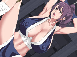 Rule 34 | 1girl, armpits, arms behind head, arms up, blush, bound, breasts, brown eyes, chain, cleavage, collarbone, covered erect nipples, female focus, highres, huge breasts, long hair, navel, no bra, open mouth, ponytail, purple hair, solo, spread legs, tetsu (suchiiru mania), thighs, tied up