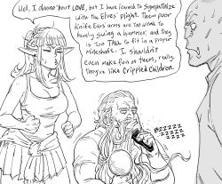 Rule 34 | 1girl, 2boys, bad id, bare arms, bare shoulders, bb (baalbuddy), blouse, body switch, braid, breasts, cleavage, closed eyes, clothes around waist, commentary, dwarf, electric razor, elf, english commentary, english text, french braid, greyscale, hand mirror, hargar stonefist (bb (baalbuddy)), highres, holding, holding mirror, inactive account, jacket, jacket around waist, large breasts, mirror, monochrome, multiple boys, nalea whisperwind (bb (baalbuddy)), o3o, orc, original, personality switch, pleated skirt, pointy ears, ponytail, shaving, shaving beard, shirt, skirt, sleeveless, sleeveless shirt, tusks