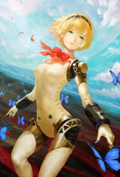 Rule 34 | 1girl, aegis (persona), android, atlus, bad id, bad pixiv id, blonde hair, blue eyes, bow, breasts, bug, butterfly, cloud, day, flying, highres, insect, joints, nababa, persona, persona 3, robot joints, short hair, sky, solo, wind