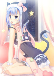 Rule 34 | 1girl, animal ears, barefoot, blue eyes, blue hair, blush, bow, candy, cat ears, cat tail, curtains, dress, food, fuyu urara, lollipop, looking at viewer, matching hair/eyes, mouth hold, original, sitting, solo, star (symbol), tail, wariza